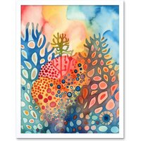 Artery8 Wall Art Print Coral Reef Folk Art Watercolour Painting Art Framed in White | Size: W12" x H16"