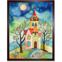 Artery8 Wall Art Print Countryside Chapel Folk Art Watercolour Painting Art Framed in Brown | Size: W12" x H16"