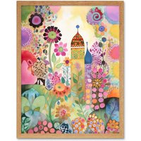 Artery8 Wall Art Print Countryside Garden Flowers In Spring Folk Art Watercolour Painting Art Framed in Light Oak | Size: W12" x H16"