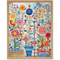 Artery8 Wall Art Print Garden Flowers Folk Art Watercolour Painting Art Framed in Light Oak | Size: W12" x H16"