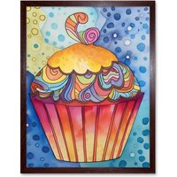 Artery8 Wall Art Print Cupcake With Colourful Frosting Folk Art Watercolour Painting Art Framed in Brown | Size: W12" x H16"