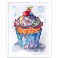 Artery8 Wall Art Print Cupcake Icing With Fruit Folk Art Watercolour Painting Art Framed in White | Size: W12" x H16"