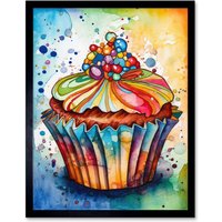 Artery8 Wall Art Print Cupcake With Sprinkles Vibrant Watercolour Painting Art Framed in Black | Size: W12" x H16"