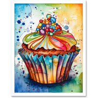 Artery8 Wall Art Print Cupcake With Sprinkles Vibrant Watercolour Painting Art Framed in White | Size: W12" x H16"