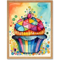 Artery8 Wall Art Print Cupcake With Colourful Frosting Watercolour Folk Art Painting Art Framed in Light Oak | Size: W12" x H16"