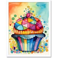 Artery8 Wall Art Print Cupcake With Colourful Frosting Watercolour Folk Art Painting Art Framed in White | Size: W12" x H16"
