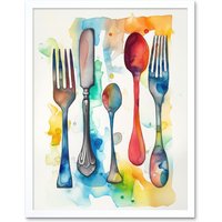 Artery8 Wall Art Print Cutlery Forks Spoons & Knife Watercolour Painting Art Framed in White | Size: W12" x H16"
