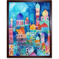 Artery8 Wall Art Print Morocco Cityscape Moonlight Folk Art Framed in Brown | Size: W12" x H16"