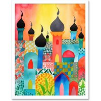 Artery8 Wall Art Print Abstract Islamic Cityscape Folk Art Framed in White | Size: W12" x H16"