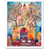 Artery8 Wall Art Print Eid Al-Fitr Feast Folk Art Watercolour Painting Art Framed in White | Size: W12" x H16"
