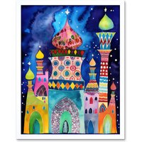 Artery8 Wall Art Print Mosque At Midnight Folk Art Framed in White | Size: W12" x H16"