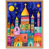 Artery8 Wall Art Print Islamic Cityscape Moonlight Mosque Folk Art Framed in Light Oak | Size: W12" x H16"