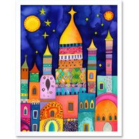 Artery8 Wall Art Print Islamic Cityscape Moonlight Mosque Folk Art Framed in White | Size: W12" x H16"