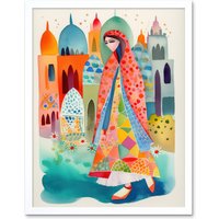 Artery8 Wall Art Print Hijab Muslim Woman with Buildings Folk Art Framed in White | Size: W12" x H16"