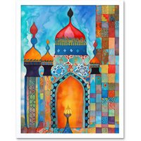 Artery8 Wall Art Print Abstract Islamic Mosque Entrance Prayer Folk Art Framed in White | Size: W12" x H16"