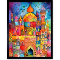 Artery8 Wall Art Print Eid Dates Mosque Temple Folk Art Watercolour Painting Art Framed in Black | Size: W12" x H16"