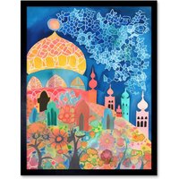 Artery8 Wall Art Print Islamic Mosque At Night Folk Art Watercolour Painting Art Framed in Black | Size: W12" x H16"