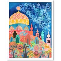 Artery8 Wall Art Print Islamic Mosque At Night Folk Art Watercolour Painting Art Framed in White | Size: W12" x H16"