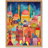 Artery8 Wall Art Print Hagia Sophia Evening Cityscape Folk Art Watercolour Painting Art Framed in Light Oak | Size: W12" x H16"