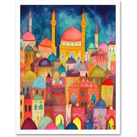 Artery8 Wall Art Print Hagia Sophia Evening Cityscape Folk Art Watercolour Painting Art Framed in White | Size: W12" x H16"