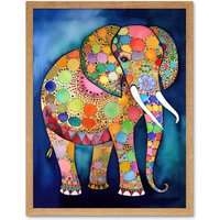 Artery8 Wall Art Print Elephant With Patterns Folk Art Watercolour Painting Art Framed in Light Oak | Size: W12" x H16"