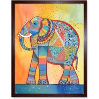 Artery8 Wall Art Print Elephant With Geometric Patterns Folk Art Watercolour Painting Art Framed in Brown | Size: W12" x H16"