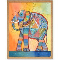 Artery8 Wall Art Print Elephant With Geometric Patterns Folk Art Watercolour Painting Art Framed in Light Oak | Size: W12" x H16"