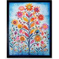 Artery8 Wall Art Print Blooming Flowering Plant Pattern Folk Art Watercolour Painting Art Framed in Black | Size: W12" x H16"