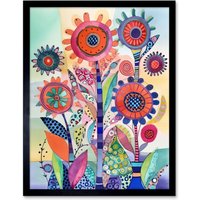 Artery8 Wall Art Print Large Flower Blooms With Embroidery Style Patterns Folk Art Watercolour Painting Art Framed in Black | Size: W12" x H16"