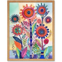 Artery8 Wall Art Print Large Flower Blooms With Embroidery Style Patterns Folk Art Watercolour Painting Art Framed in Light Oak | Size: W12" x H16"