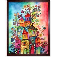 Artery8 Wall Art Print Country Houses Concept Folk Art Watercolour Painting Art Framed in Brown | Size: W12" x H16"