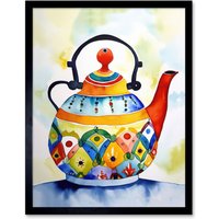 Artery8 Wall Art Print Enamelled Patterned Teapot Tea Kettle Folk Art Watercolour Painting Art Framed in Black | Size: W12" x H16"