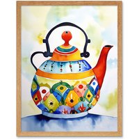 Artery8 Wall Art Print Enamelled Patterned Teapot Tea Kettle Folk Art Watercolour Painting Art Framed in Light Oak | Size: W12" x H16"
