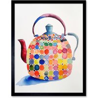 Artery8 Wall Art Print Colourful Enamelled Teapot Tea Kettle Folk Art Watercolour Painting Art Framed in Black | Size: W12" x H16"