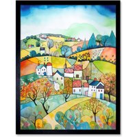 Artery8 Wall Art Print English Country Rural Landscape Folk Art Watercolour Painting Art Framed in Black | Size: W12" x H16"