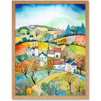 Artery8 Wall Art Print English Country Rural Landscape Folk Art Watercolour Painting Art Framed in Light Oak | Size: W12" x H16"