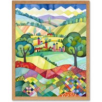 Artery8 Wall Art Print English Countryside Rural Landscape Folk Art Watercolour Painting Art Framed in Light Oak | Size: W12" x H16"