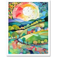 Artery8 Wall Art Print Rural Landscape English Countryside Sunrise Folk Art Watercolour Painting Art Framed in White | Size: W12" x H16"