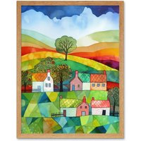 Artery8 Wall Art Print Rural Landscape Rainbow Countryside Folk Art Watercolour Painting Art Framed in Light Oak | Size: W12" x H16"