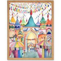 Artery8 Wall Art Print Festival Folk Art Watercolour Painting Art Framed in Light Oak | Size: W12" x H16"