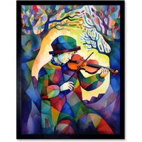 Artery8 Wall Art Print Fiddle Player In Forest Folk Art Watercolour Painting Art Framed in Black | Size: W12" x H16"