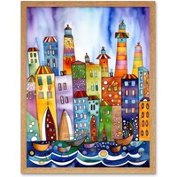 Artery8 Wall Art Print Canal Area Folk Art Watercolour Painting Art Framed in Light Oak | Size: W12" x H16"