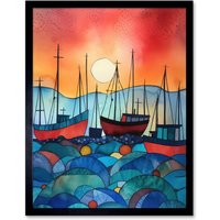 Artery8 Wall Art Print Fishing Boats At Sunset Folk Art Watercolour Painting Art Framed in Black | Size: W12" x H16"