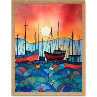 Artery8 Wall Art Print Fishing Boats At Sunset Folk Art Watercolour Painting Art Framed in Light Oak | Size: W12" x H16"