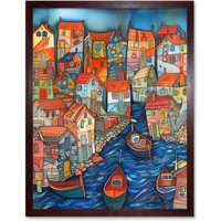Artery8 Wall Art Print Fishing Village Canal Folk Art Watercolour Painting Art Framed in Brown | Size: W12" x H16"