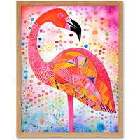 Artery8 Wall Art Print Flamingo Folk Art Watercolour Painting Art Framed in Light Oak | Size: W12" x H16"