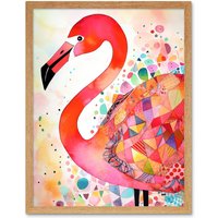 Artery8 Wall Art Print Flamingo Bird With Patterns Folk Art Watercolour Painting Art Framed in Light Oak | Size: W12" x H16"