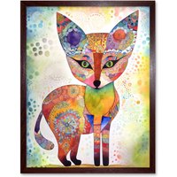 Artery8 Wall Art Print Fox Folk Art Watercolour Painting Art Framed in Brown | Size: W12" x H16"