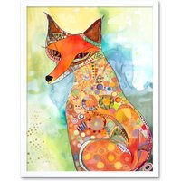 Artery8 Wall Art Print Sitting Fox Folk Art Watercolour Painting Art Framed in White | Size: W12" x H16"