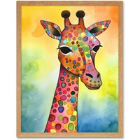 Artery8 Wall Art Print Giraffe With Multicolour Pattern Folk Art Watercolour Painting Art Framed in Light Oak | Size: W12" x H16"